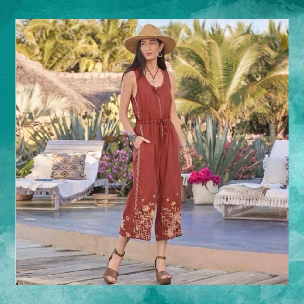 johnny was • elia linen tie jumpsuit in adobe rust brown m